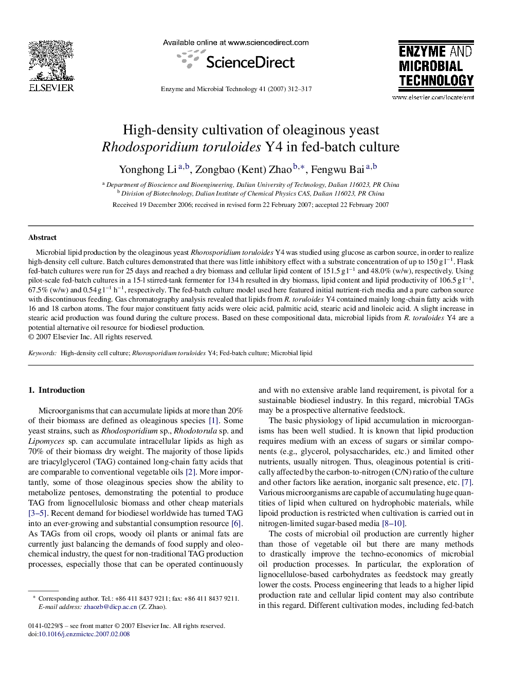 High-density cultivation of oleaginous yeast Rhodosporidium toruloides Y4 in fed-batch culture