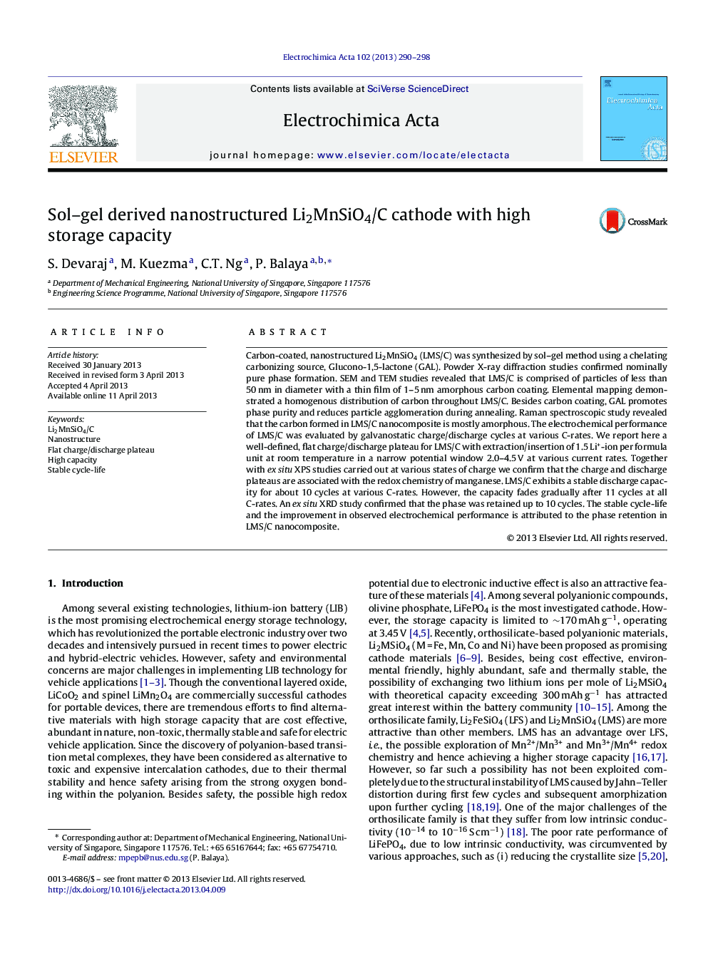 Sol–gel derived nanostructured Li2MnSiO4/C cathode with high storage capacity