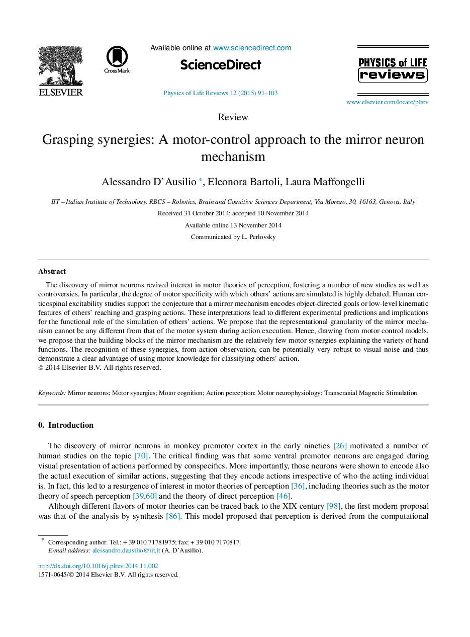 Grasping synergies: A motor-control approach to the mirror neuron mechanism