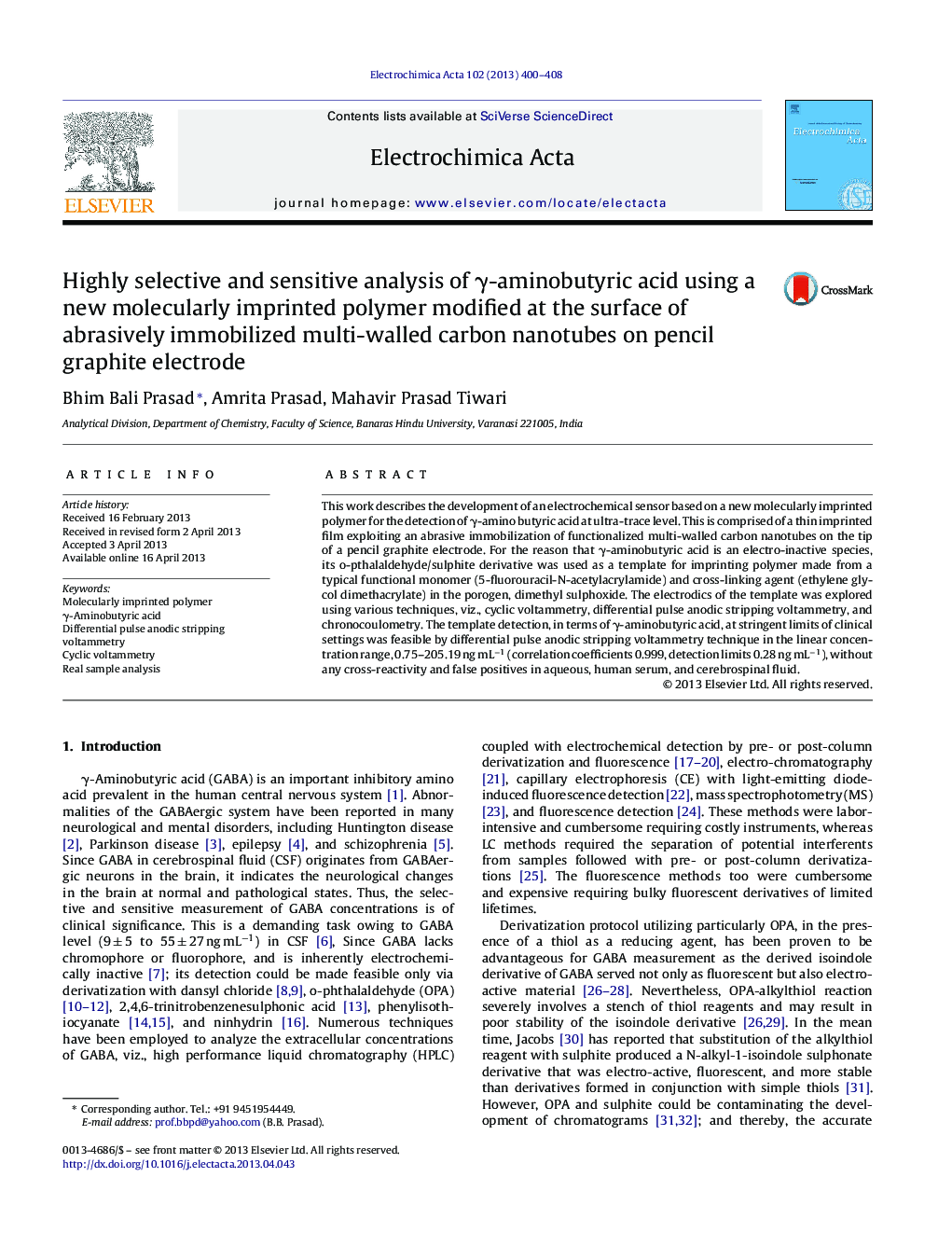 عکس صفحه اول مقاله: Highly selective and sensitive analysis of γ-aminobutyric acid using a new molecularly imprinted polymer modified at the surface of abrasively immobilized multi-walled carbon nanotubes on pencil graphite electrode Highly selective and sensitive analysis of γ-aminobutyric acid using a new molecularly imprinted polymer modified at the surface of abrasively immobilized multi-walled carbon nanotubes on pencil graphite electrode