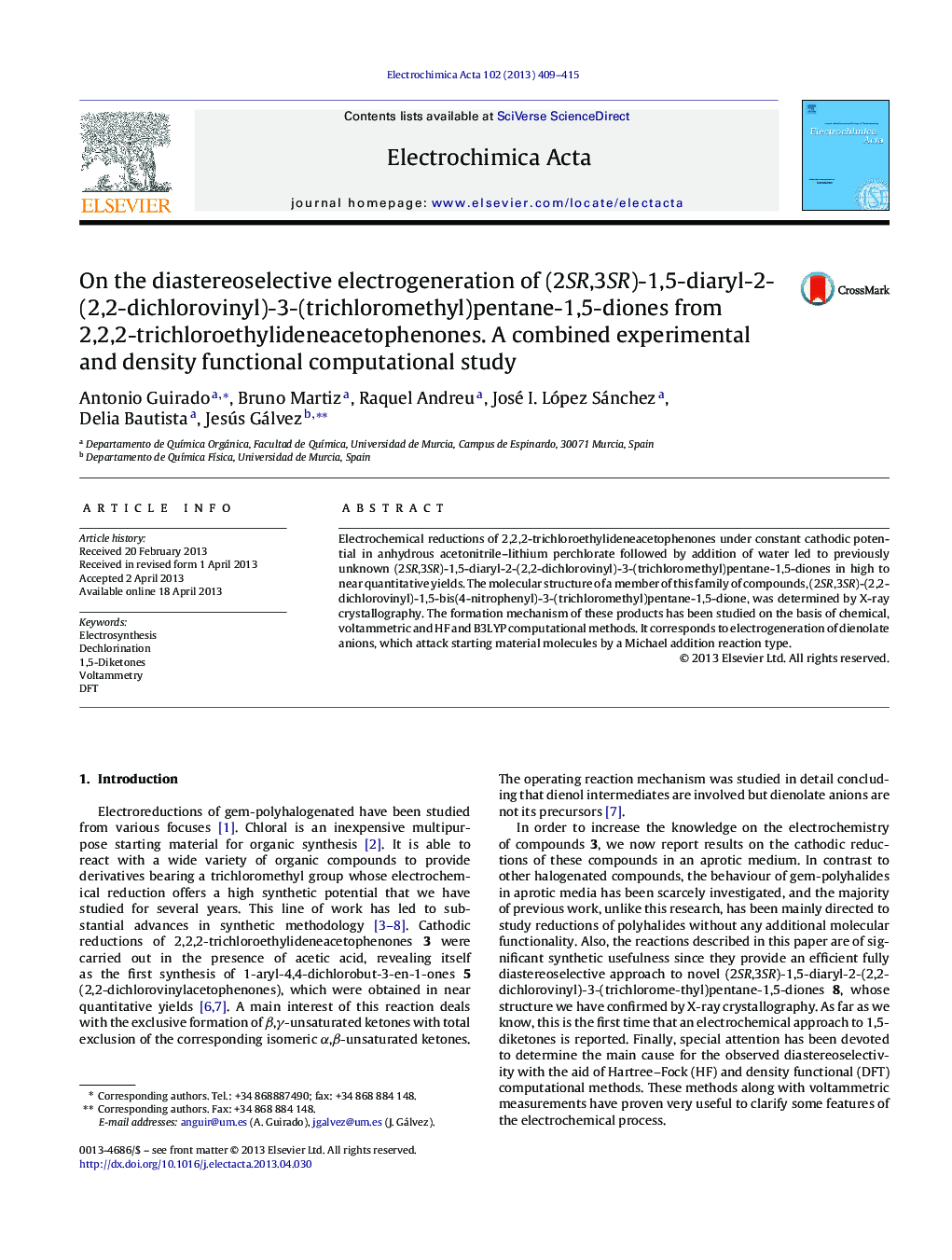 On the diastereoselective electrogeneration of (2SR,3SR)-1,5-diaryl-2-(2,2-dichlorovinyl)-3-(trichloromethyl)pentane-1,5-diones from 2,2,2-trichloroethylideneacetophenones. A combined experimental and density functional computational study