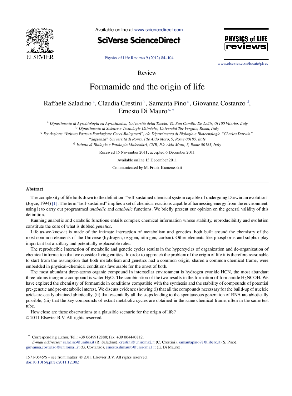 Formamide and the origin of life