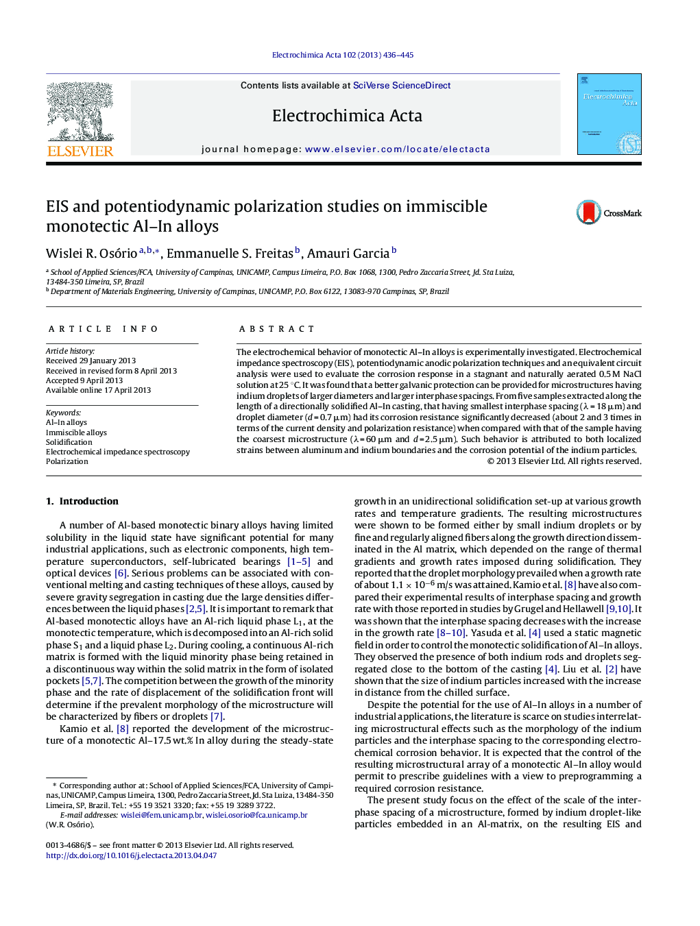 EIS and potentiodynamic polarization studies on immiscible monotectic Al–In alloys