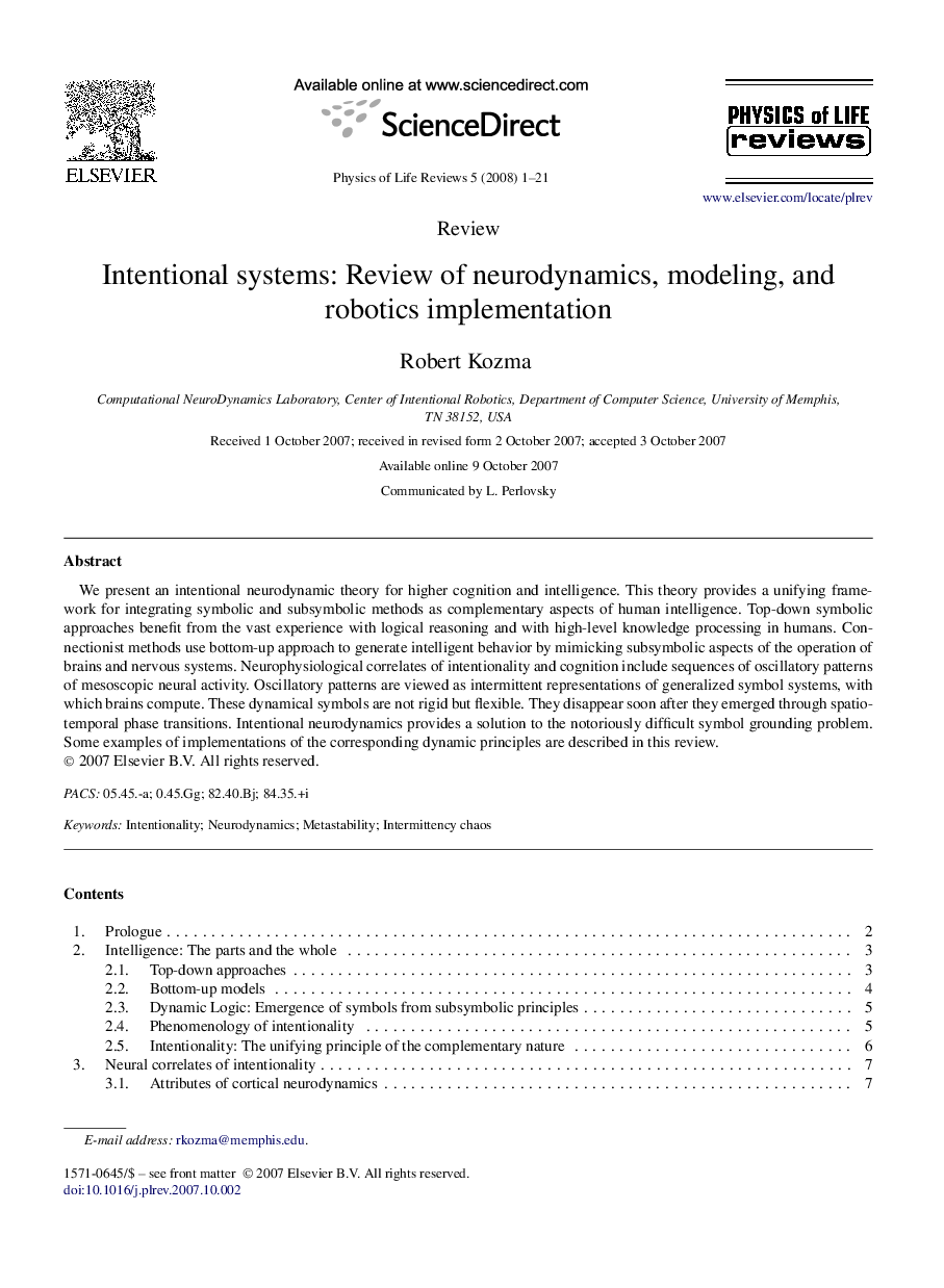 Intentional systems: Review of neurodynamics, modeling, and robotics implementation