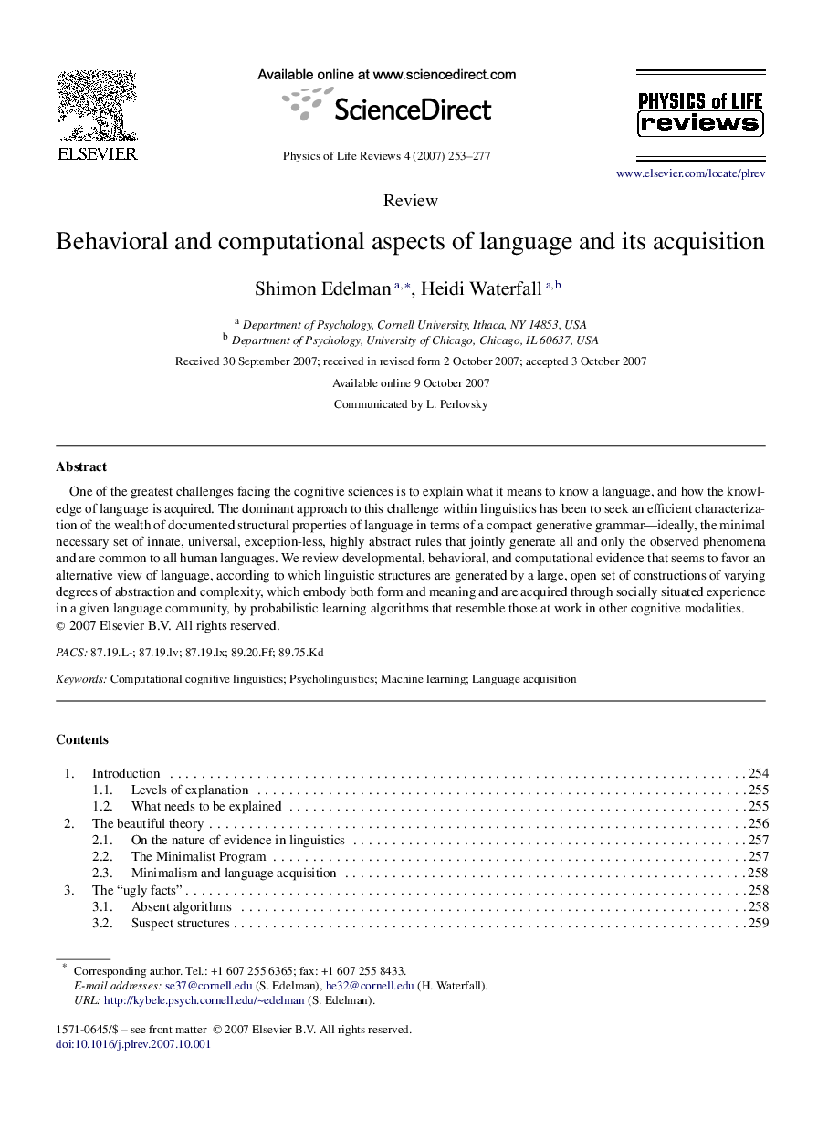 Behavioral and computational aspects of language and its acquisition