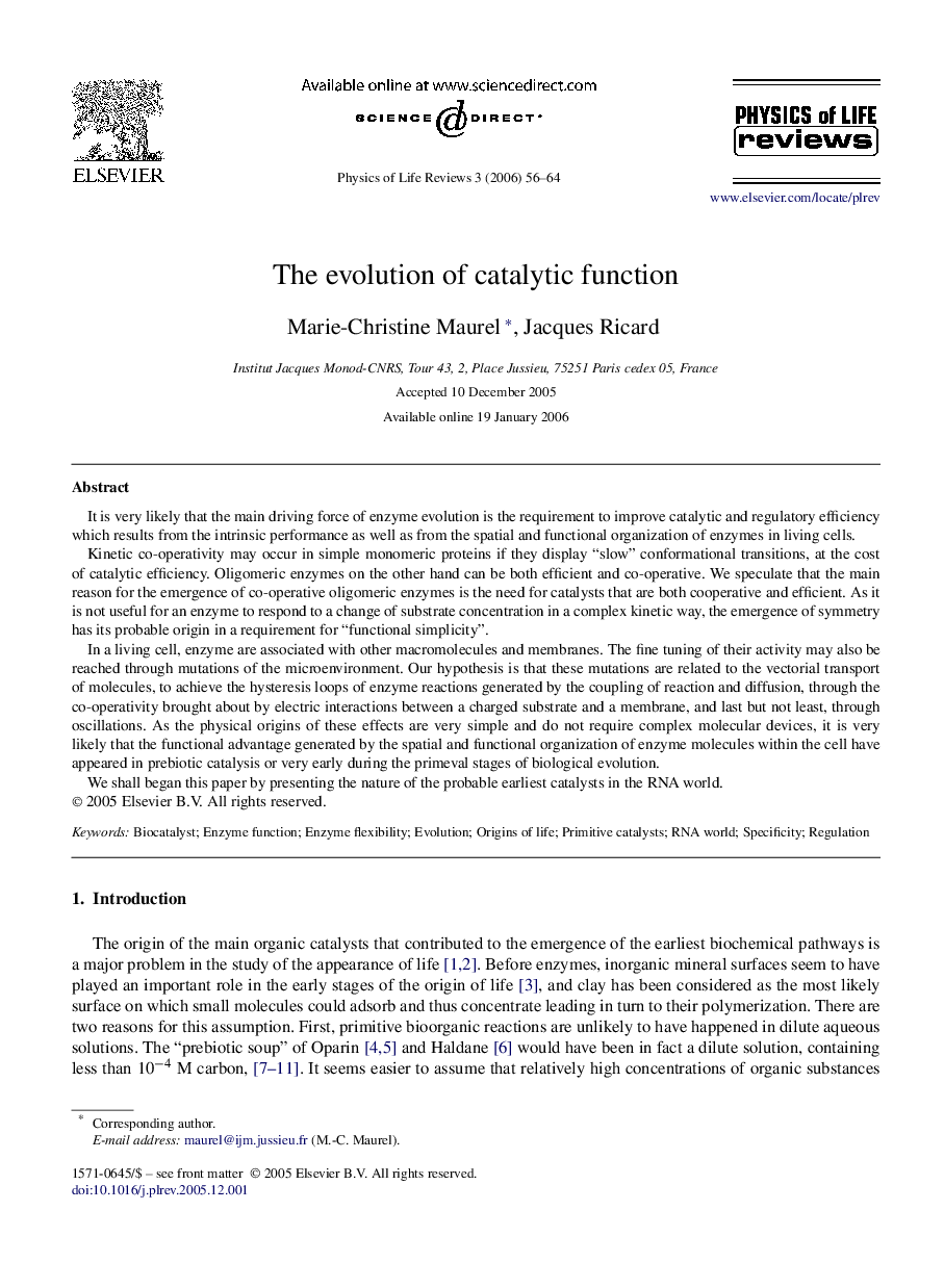 The evolution of catalytic function