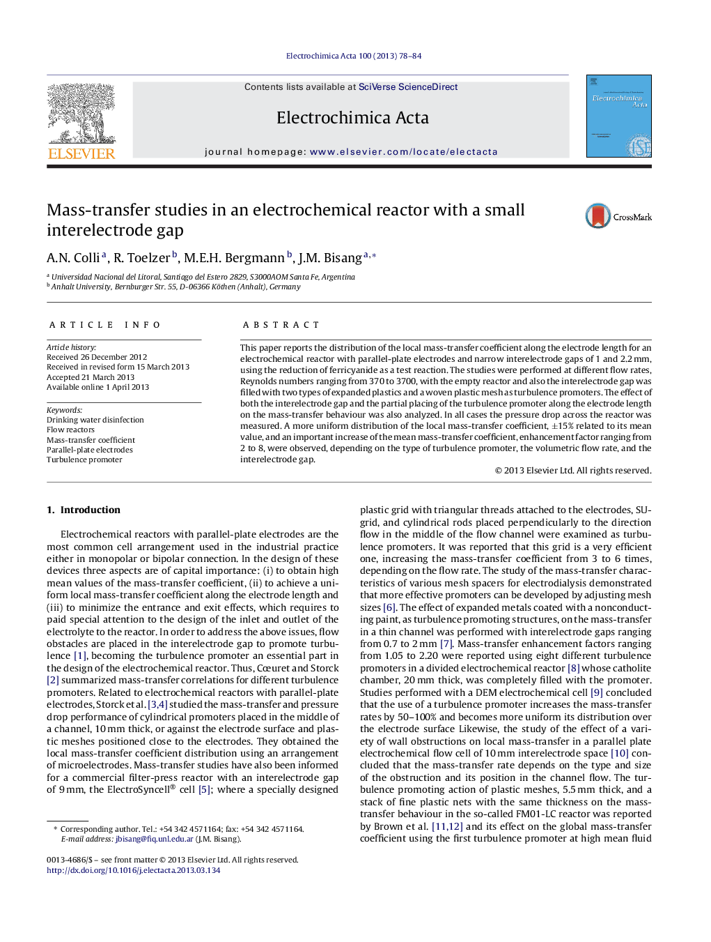 عکس صفحه اول مقاله: Mass-transfer studies in an electrochemical reactor with a small interelectrode gap Mass-transfer studies in an electrochemical reactor with a small interelectrode gap