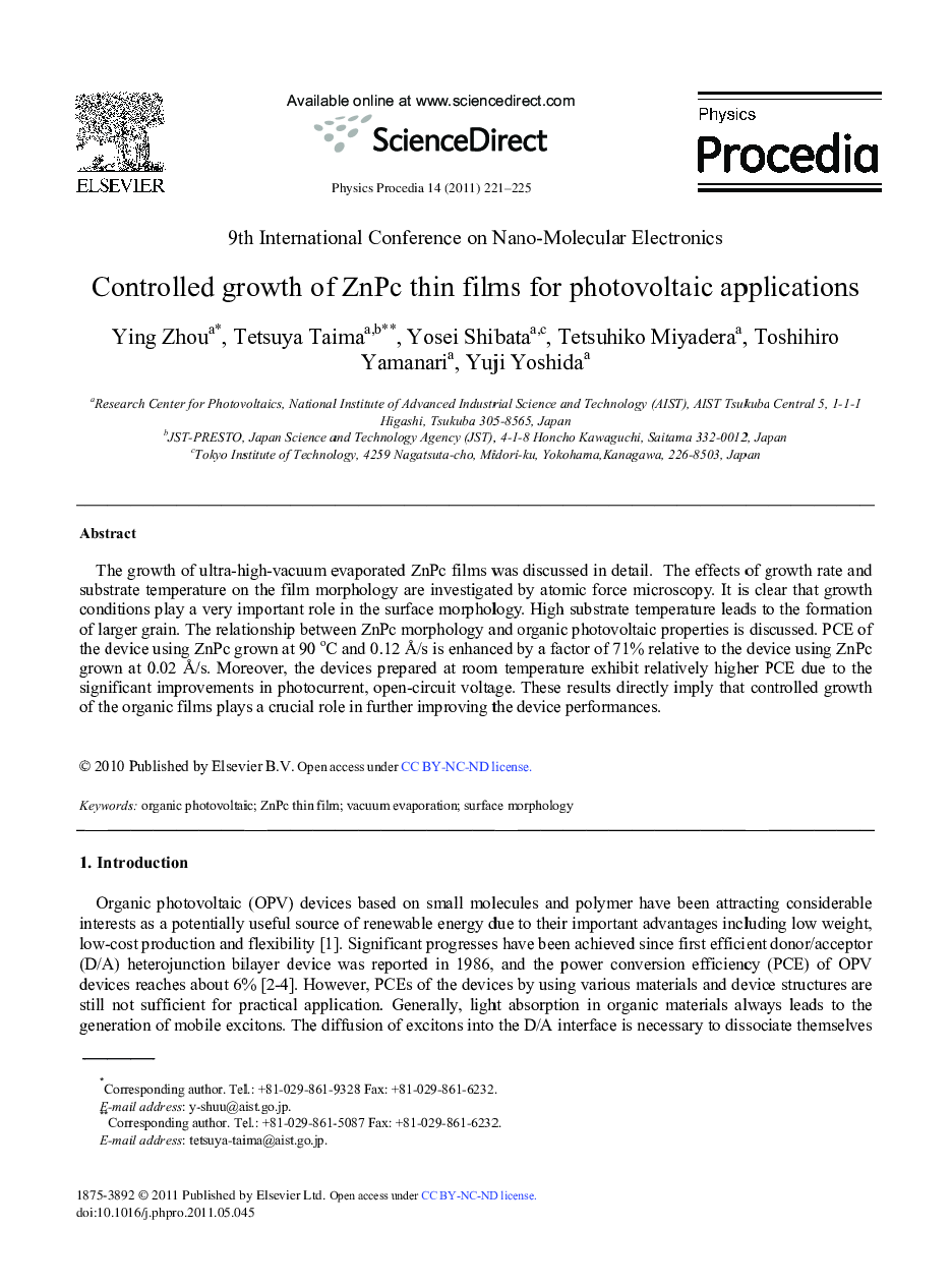 عکس صفحه اول مقاله: Controlled growth off ZnPc thin filmss for phootovoltaic appplications Controlled growth off ZnPc thin filmss for phootovoltaic appplications