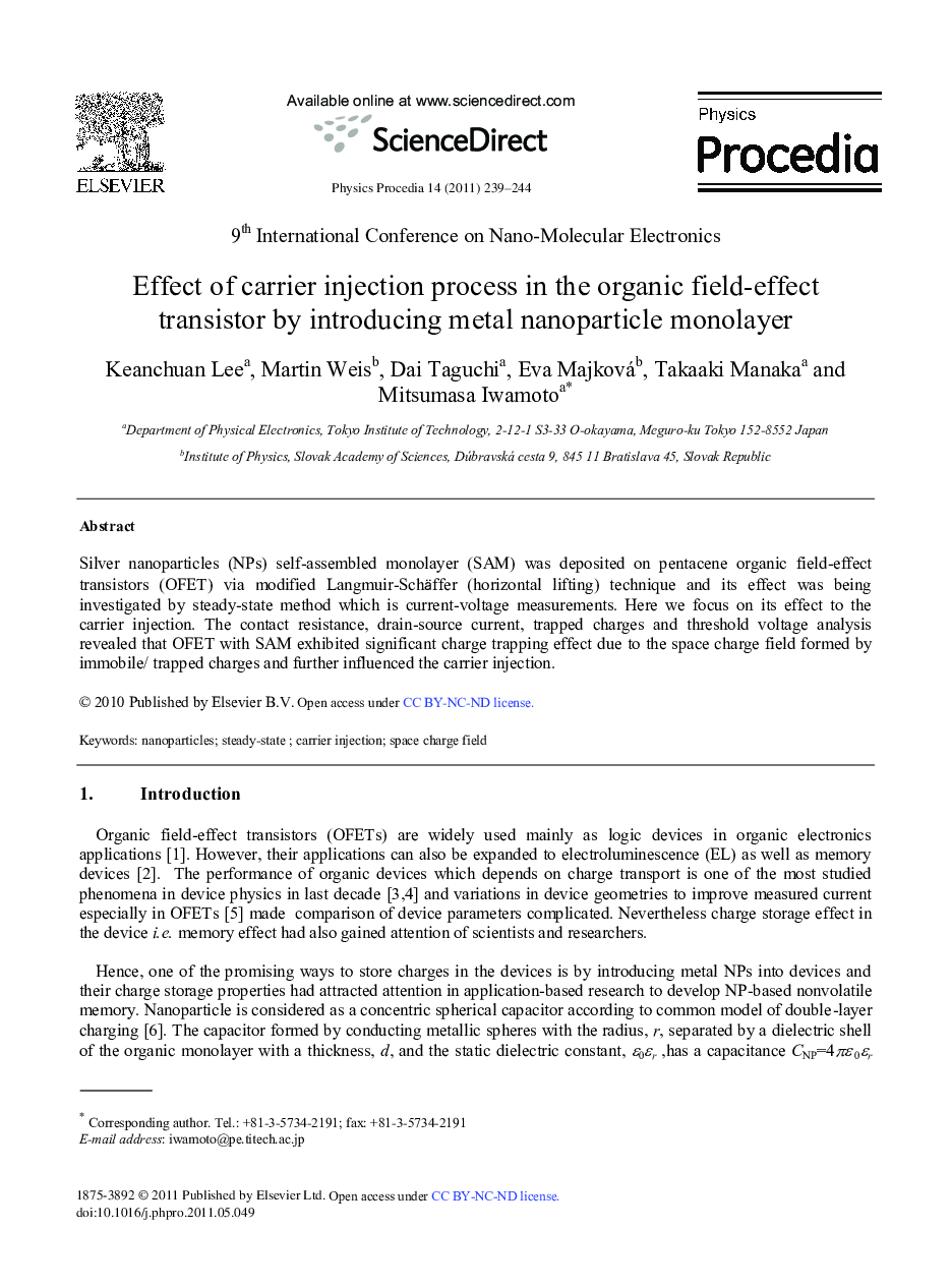 عکس صفحه اول مقاله: Effect of carrier injection process in the organic field-effect transistor by introducing metal nanoparticle monolayer Effect of carrier injection process in the organic field-effect transistor by introducing metal nanoparticle monolayer