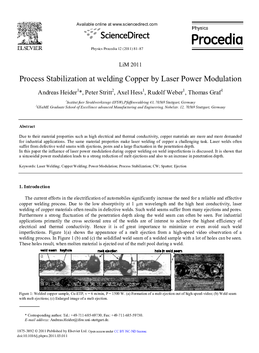 Process Stabilization at welding Copper by Laser Power Modulation