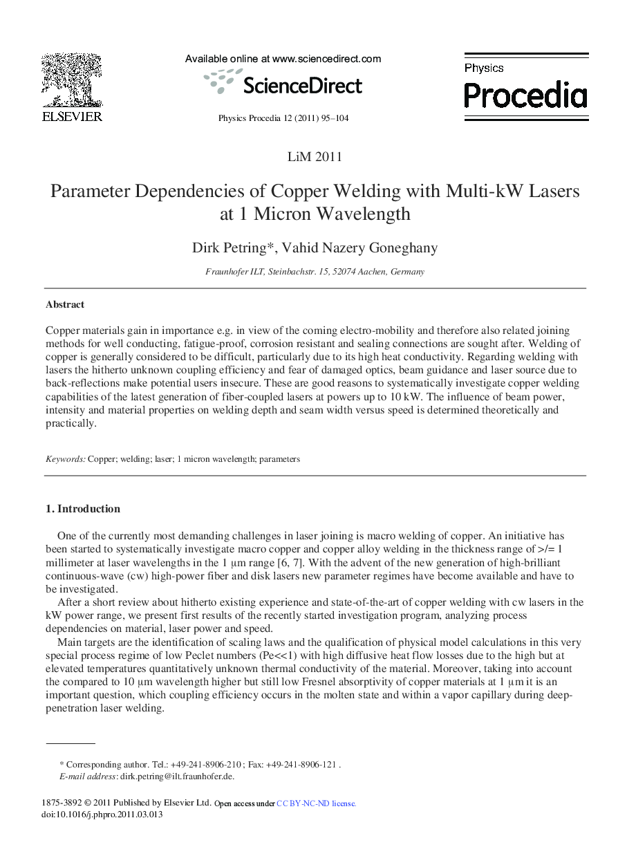 Parameter Dependencies of Copper Welding with Multi-kW Lasers at 1 Micron Wavelength