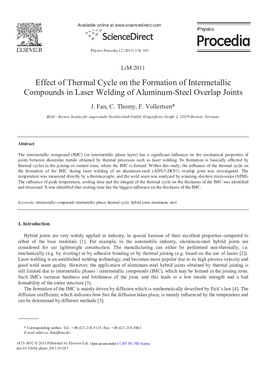 Effect of Thermal Cycle on the Formation of Intermetallic Compounds in Laser Welding of Aluminum-Steel Overlap Joints