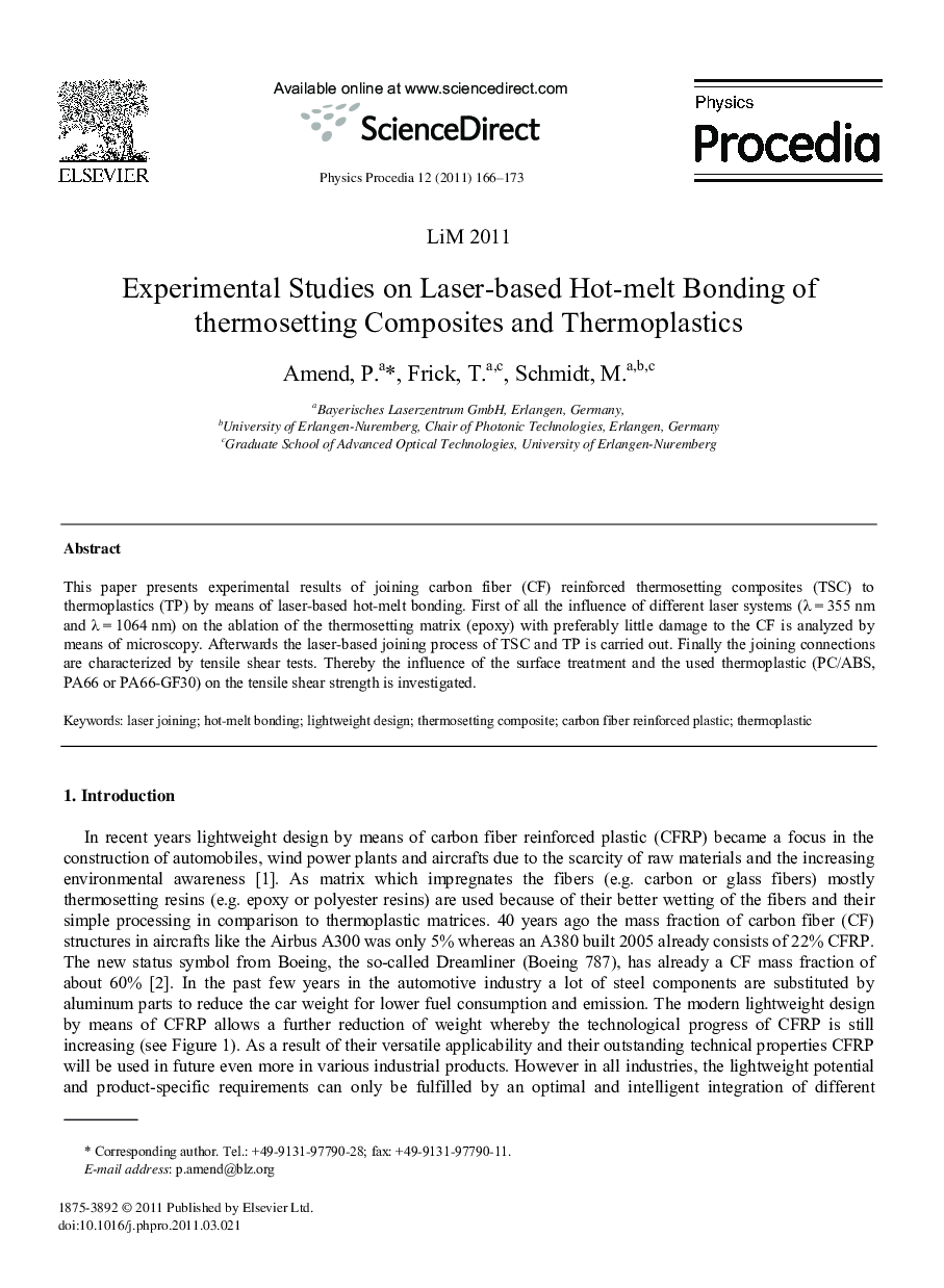 Experimental Studies on Laser-based Hot-melt Bonding of thermosetting Composites and Thermoplastics