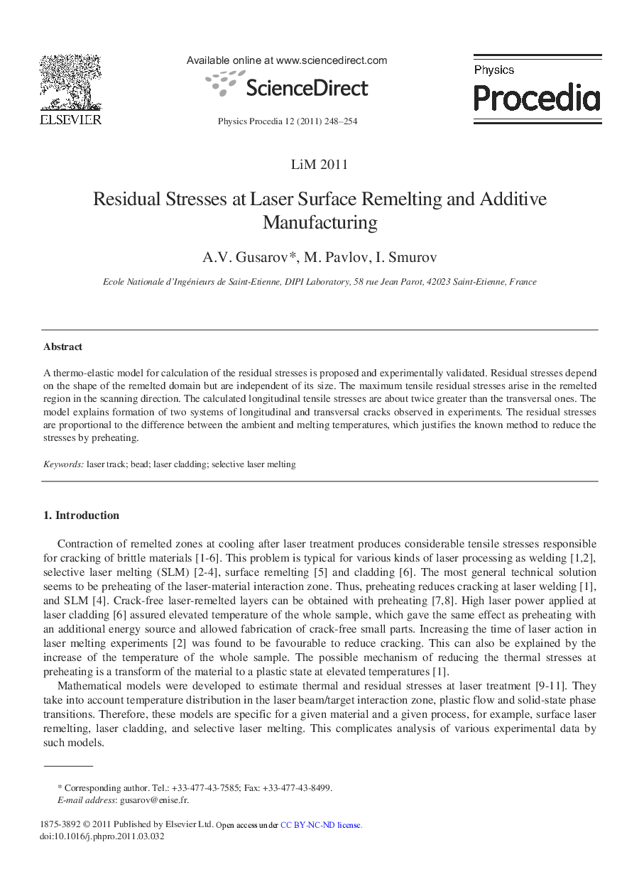 Residual Stresses at Laser Surface Remelting and Additive Manufacturing