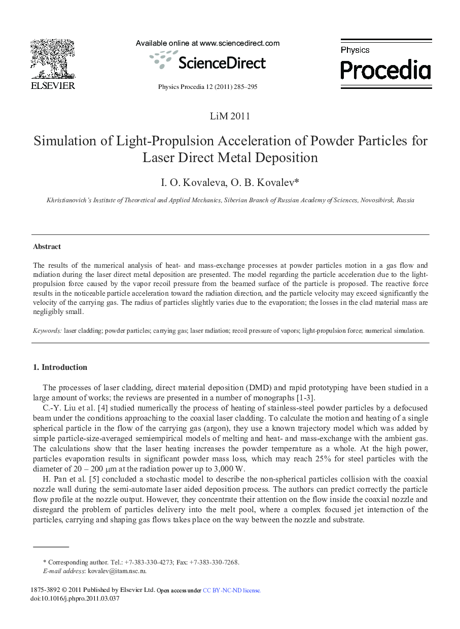 Simulation of Light-Propulsion Acceleration of Powder Particles for Laser Direct Metal Deposition