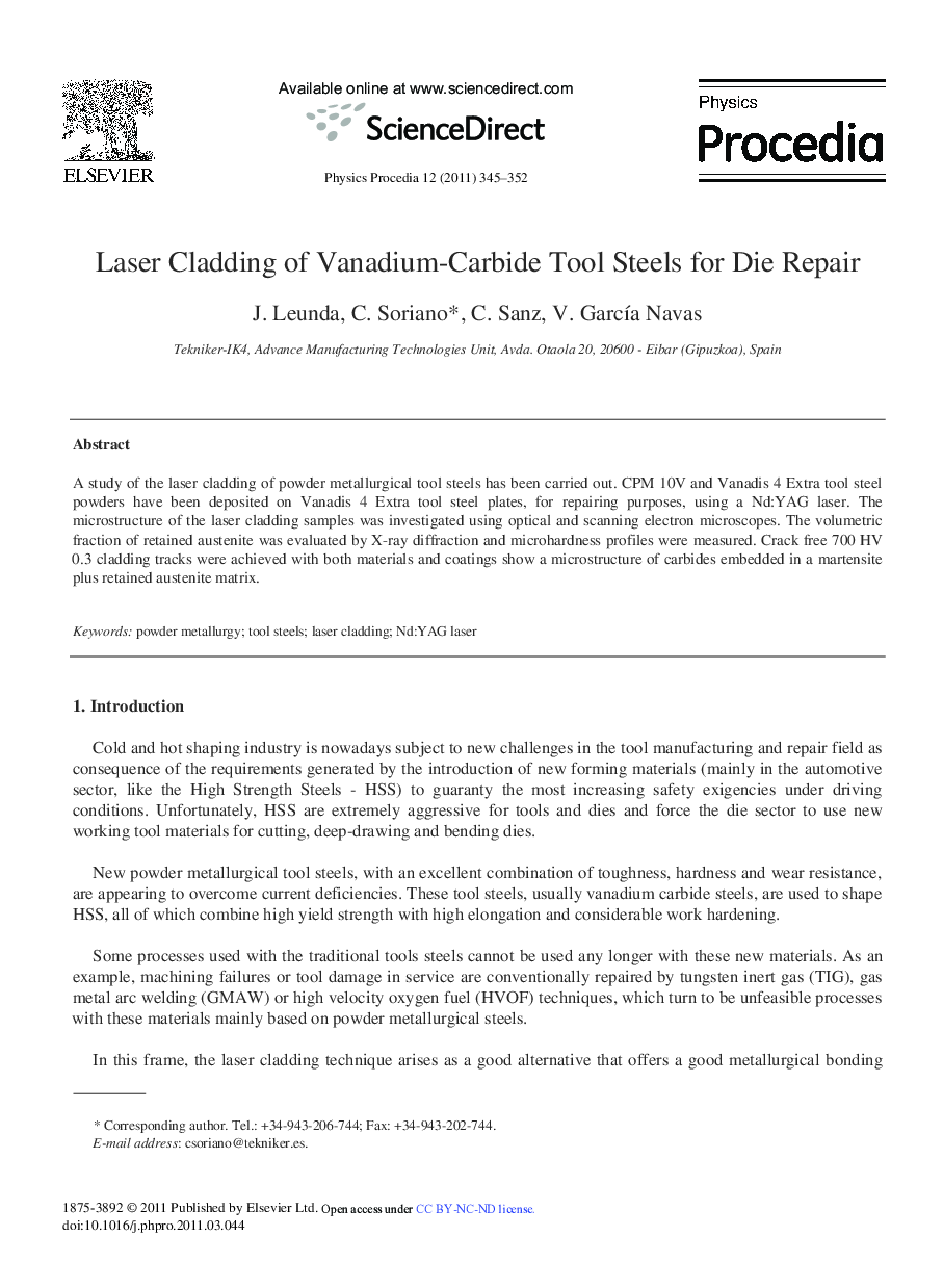 Laser Cladding of Vanadium-Carbide Tool Steels for Die Repair