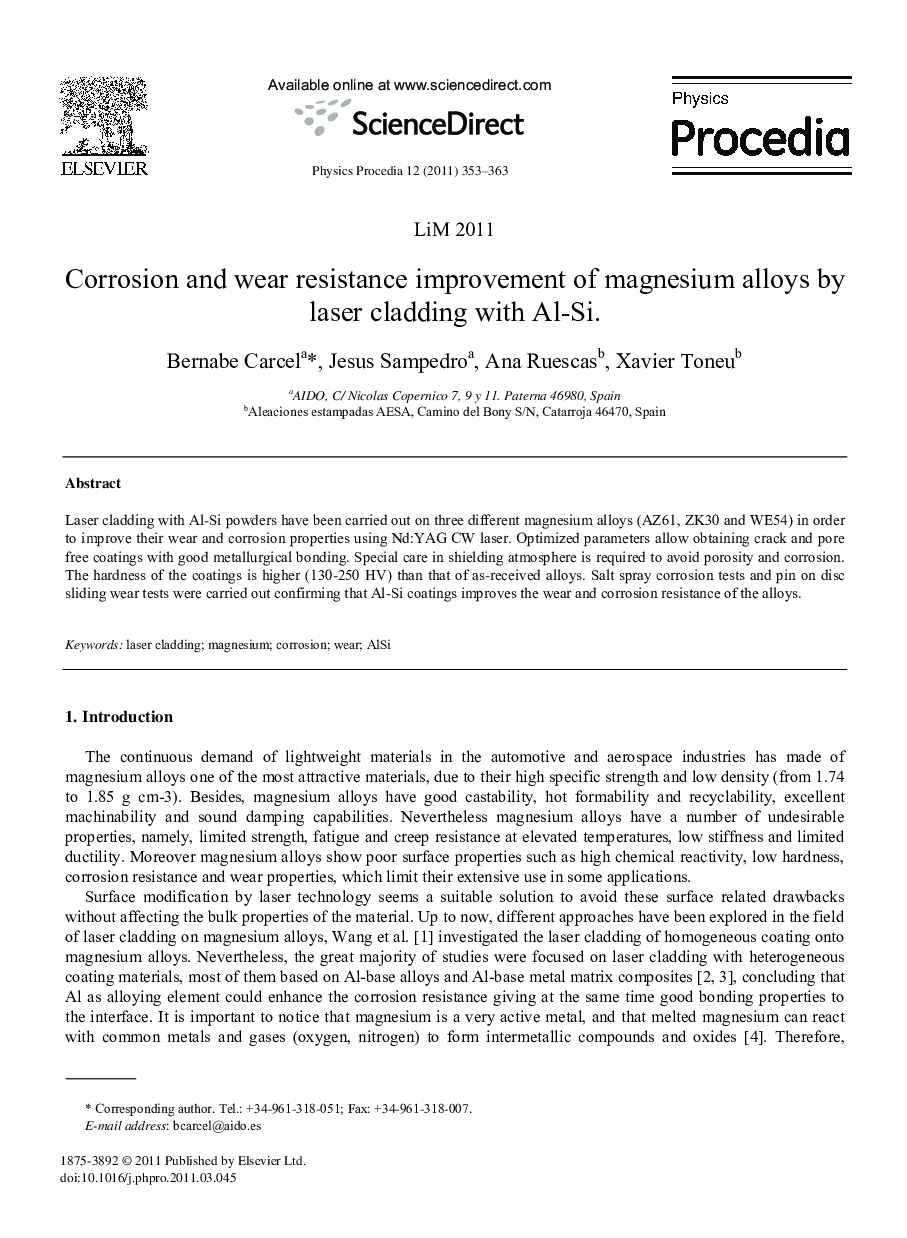 Corrosion and wear resistance improvement of magnesium alloys by laser cladding with Al-Si