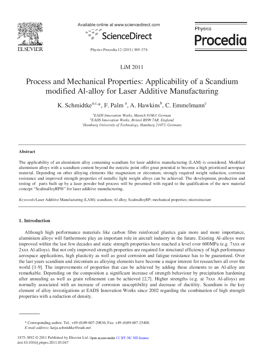 Process and Mechanical Properties: Applicability of a Scandium modified Al-alloy for Laser Additive Manufacturing