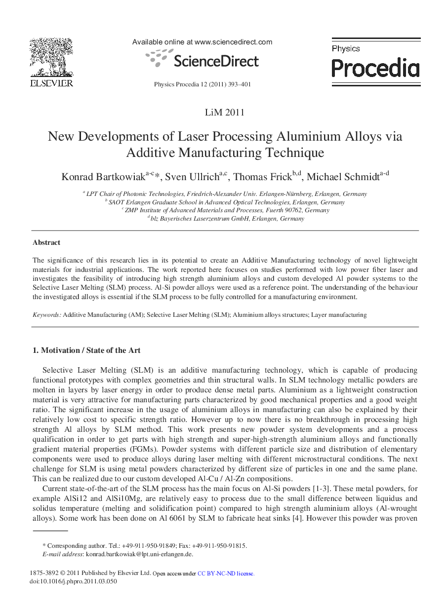 New Developments of Laser Processing Aluminium Alloys via Additive Manufacturing Technique