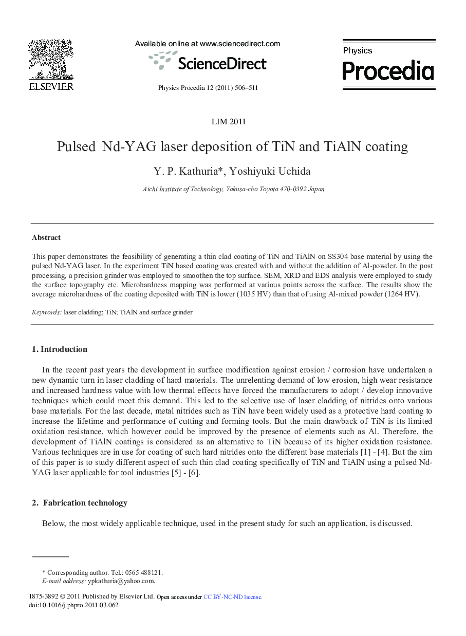 Pulsed Nd-YAG laser deposition of TiN and TiAlN coating