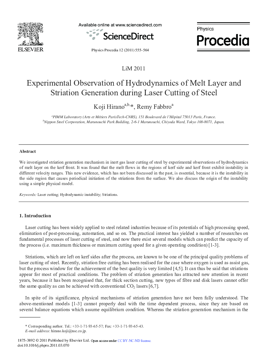 Experimental Observation of Hydrodynamics of Melt Layer and Striation Generation during Laser Cutting of Steel