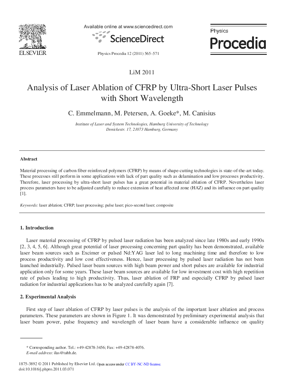 Analysis of Laser Ablation of CFRP by Ultra-Short Laser Pulses with Short Wavelength