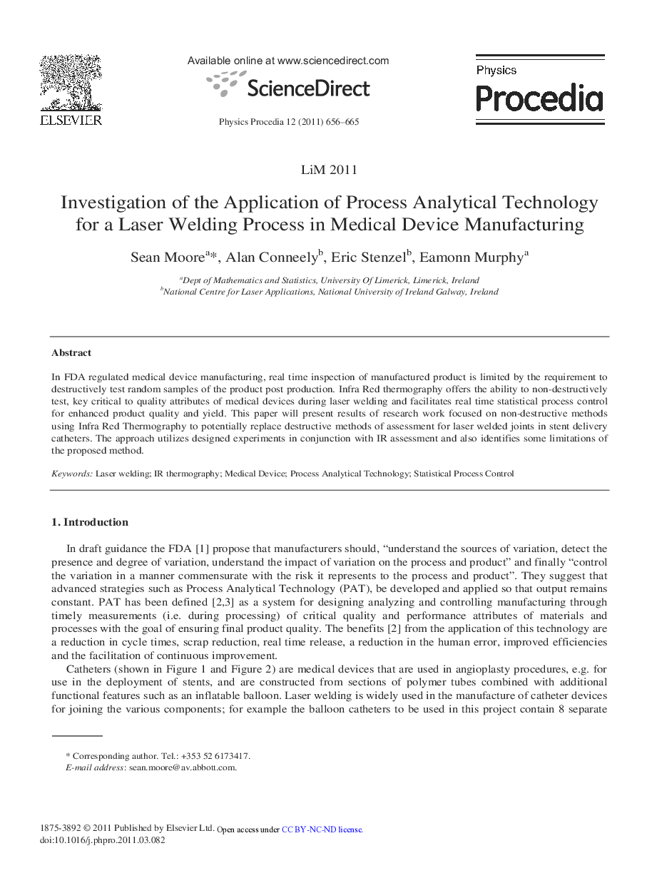 Investigation of the Application of Process Analytical Technology for a Laser Welding Process in Medical Device Manufacturing