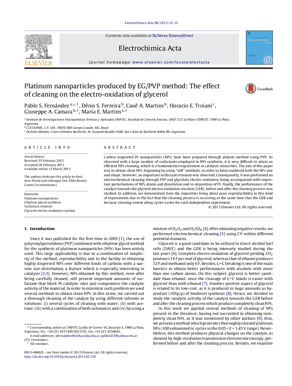 Platinum nanoparticles produced by EG/PVP method: The effect of cleaning on the electro-oxidation of glycerol