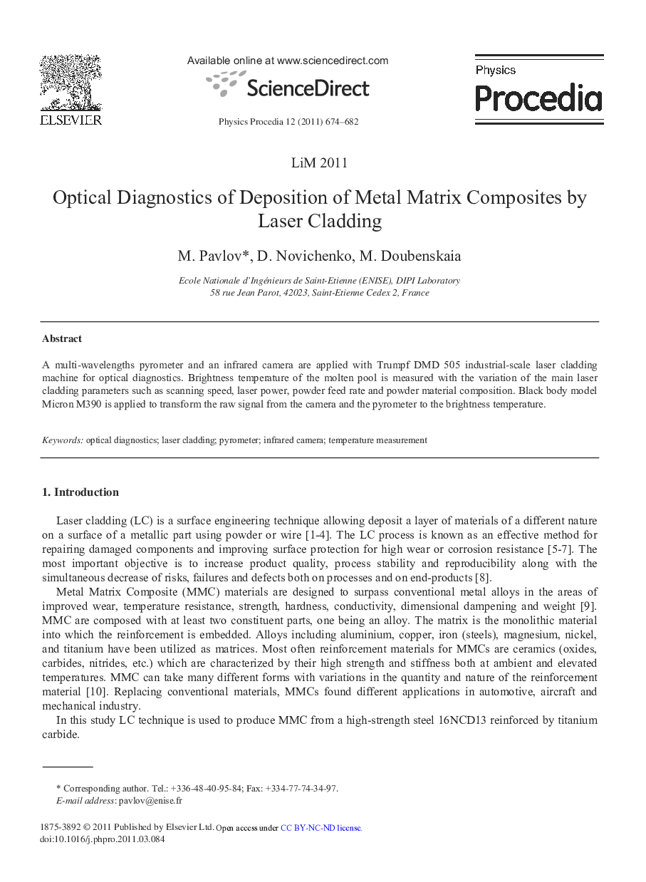 عکس صفحه اول مقاله: Optical Diagnostics of Deposition of Metal Matrix Composites by Laser Cladding Optical Diagnostics of Deposition of Metal Matrix Composites by Laser Cladding