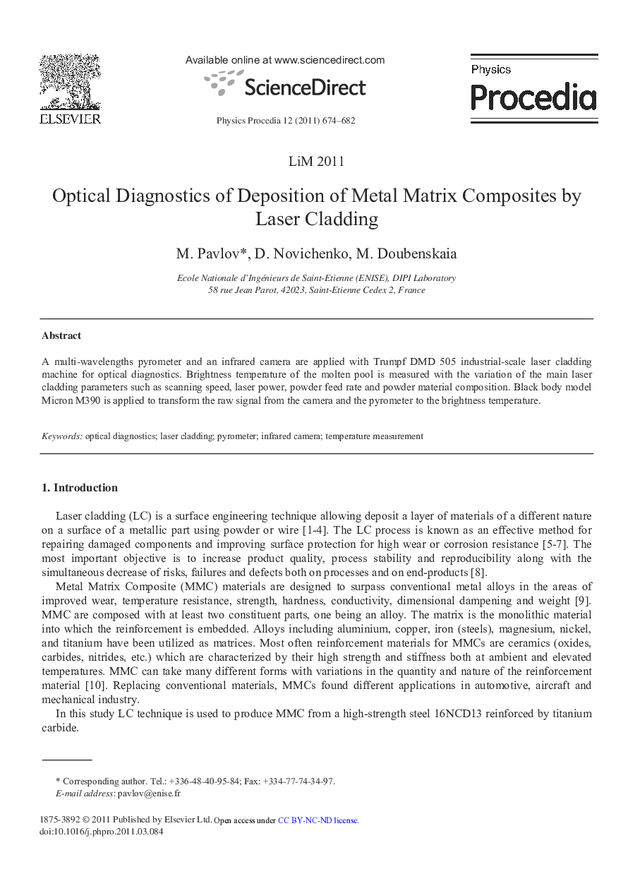 Optical Diagnostics of Deposition of Metal Matrix Composites by Laser Cladding