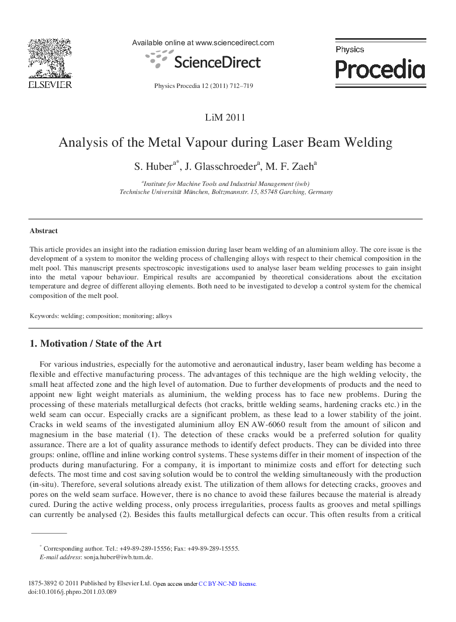 Analysis of the Metal Vapour during Laser Beam Welding