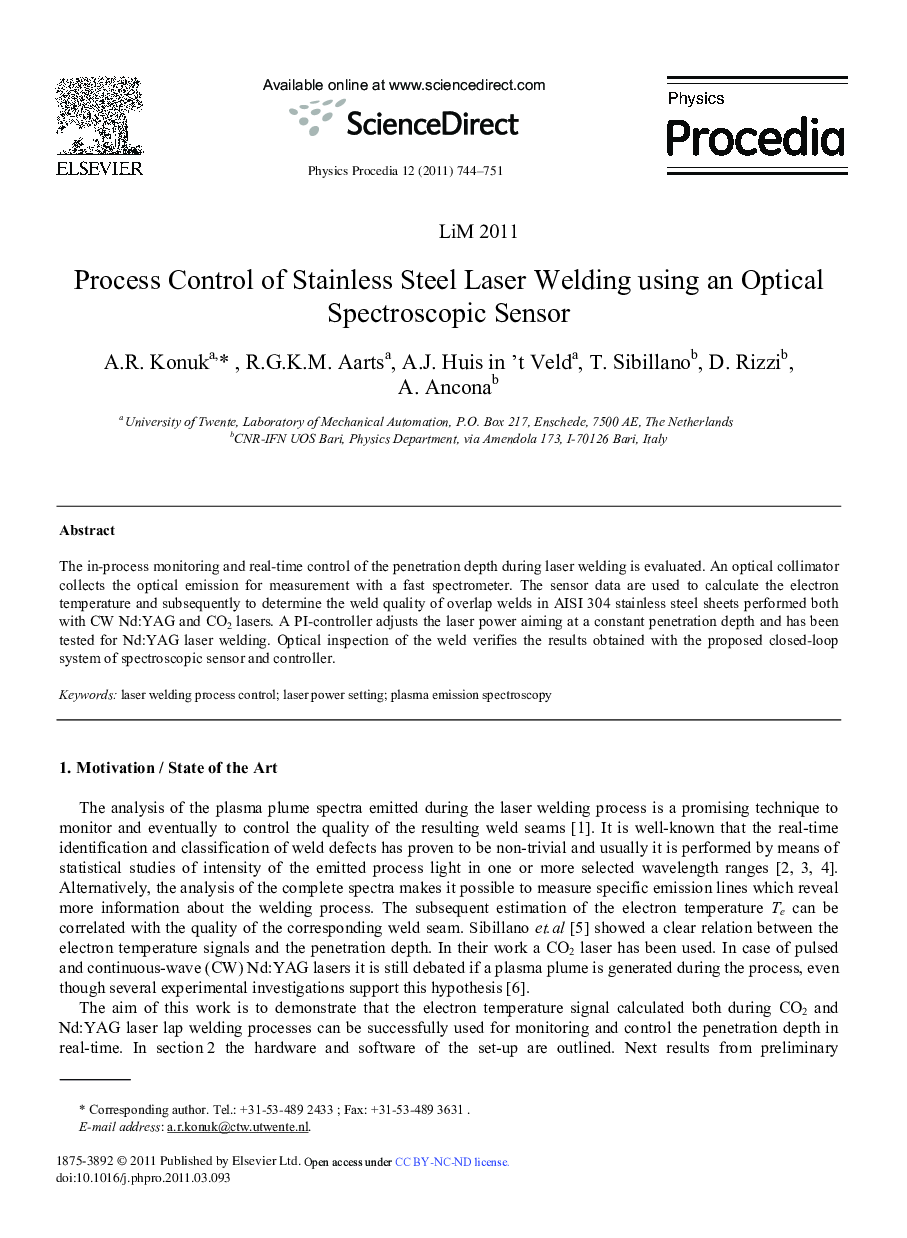 Process Control of Stainless Steel Laser Welding using an Optical Spectroscopic Sensor