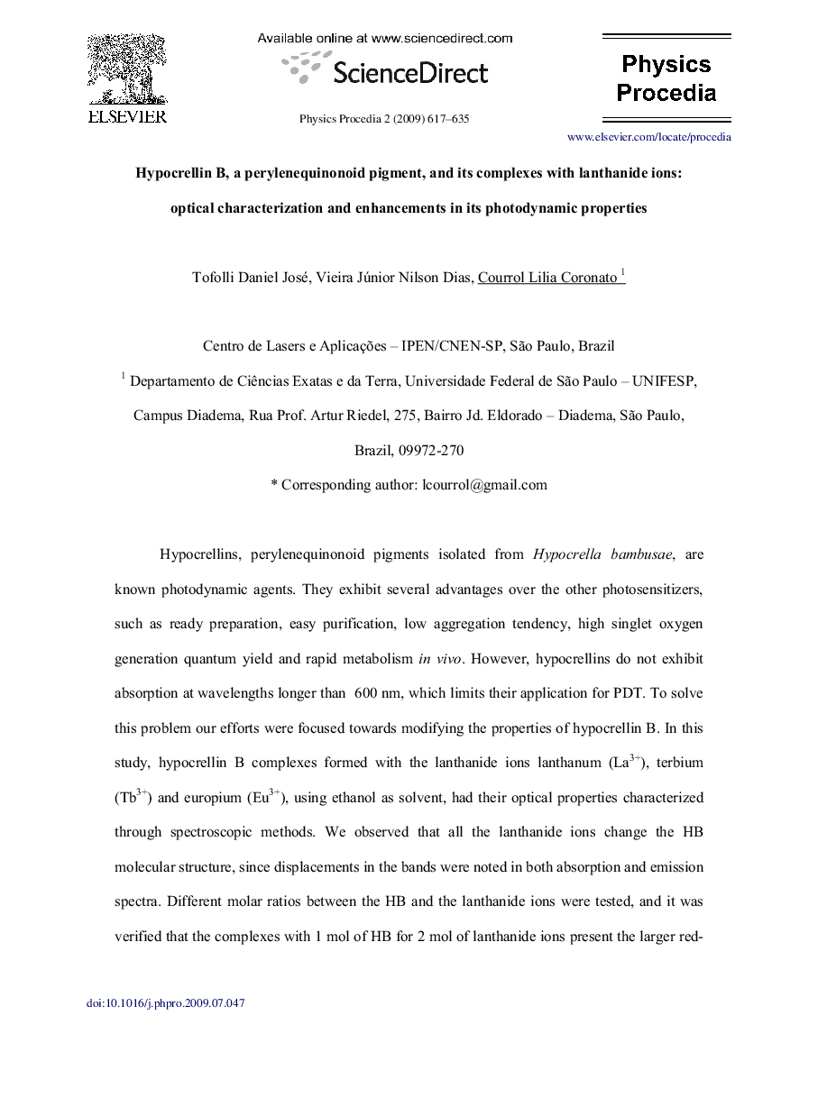 عکس صفحه اول مقاله: Hypocrellin B, a perylenequinonoid pigment, and its complexes with lanthanide ions: Optical characterization and enhancements in its photodynamic properties Hypocrellin B, a perylenequinonoid pigment, and its complexes with lanthanide ions: Optical characterization and enhancements in its photodynamic properties