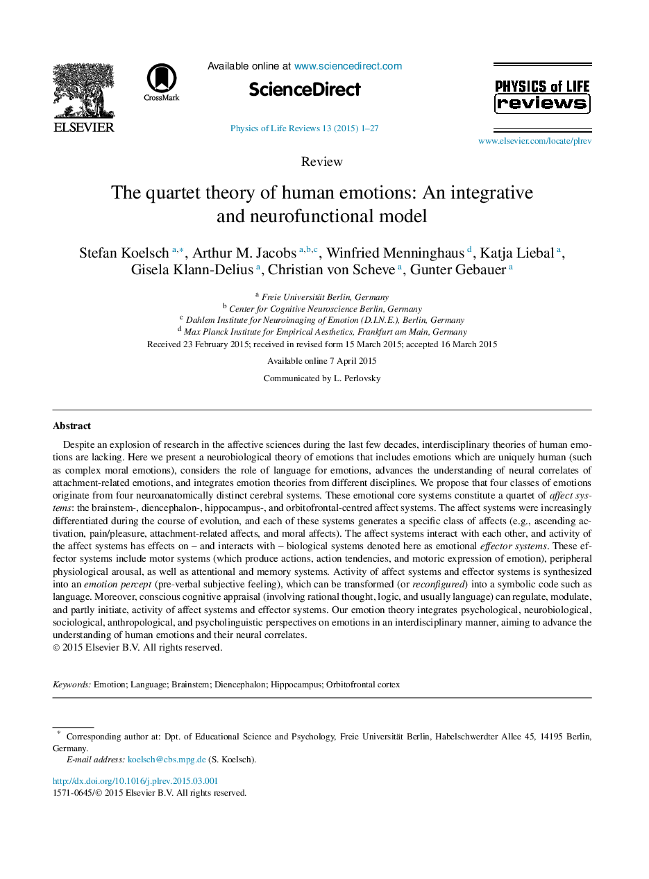 The quartet theory of human emotions: An integrative and neurofunctional model