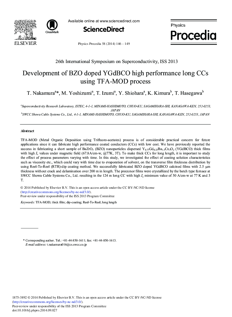 Development of BZO Doped YGdBCO High Performance Long CCs Using TFA-MOD Process 