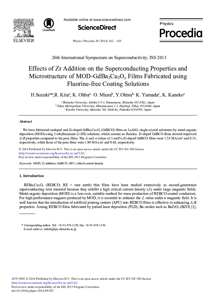 Effects of Zr Addition on the Superconducting Properties and Microstructure of MOD-GdBa2Cu3Oy Films Fabricated Using Fluorine-free Coating Solutions 