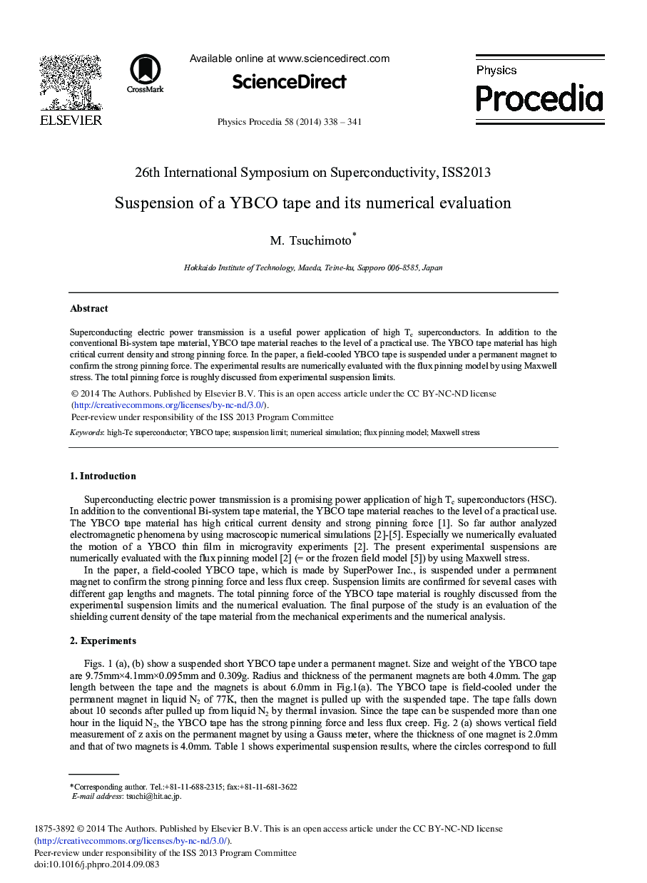 Suspension of a YBCO Tape and its Numerical Evaluation 