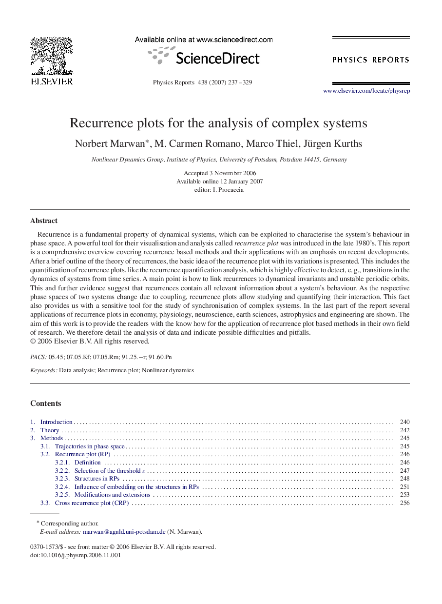 Recurrence plots for the analysis of complex systems