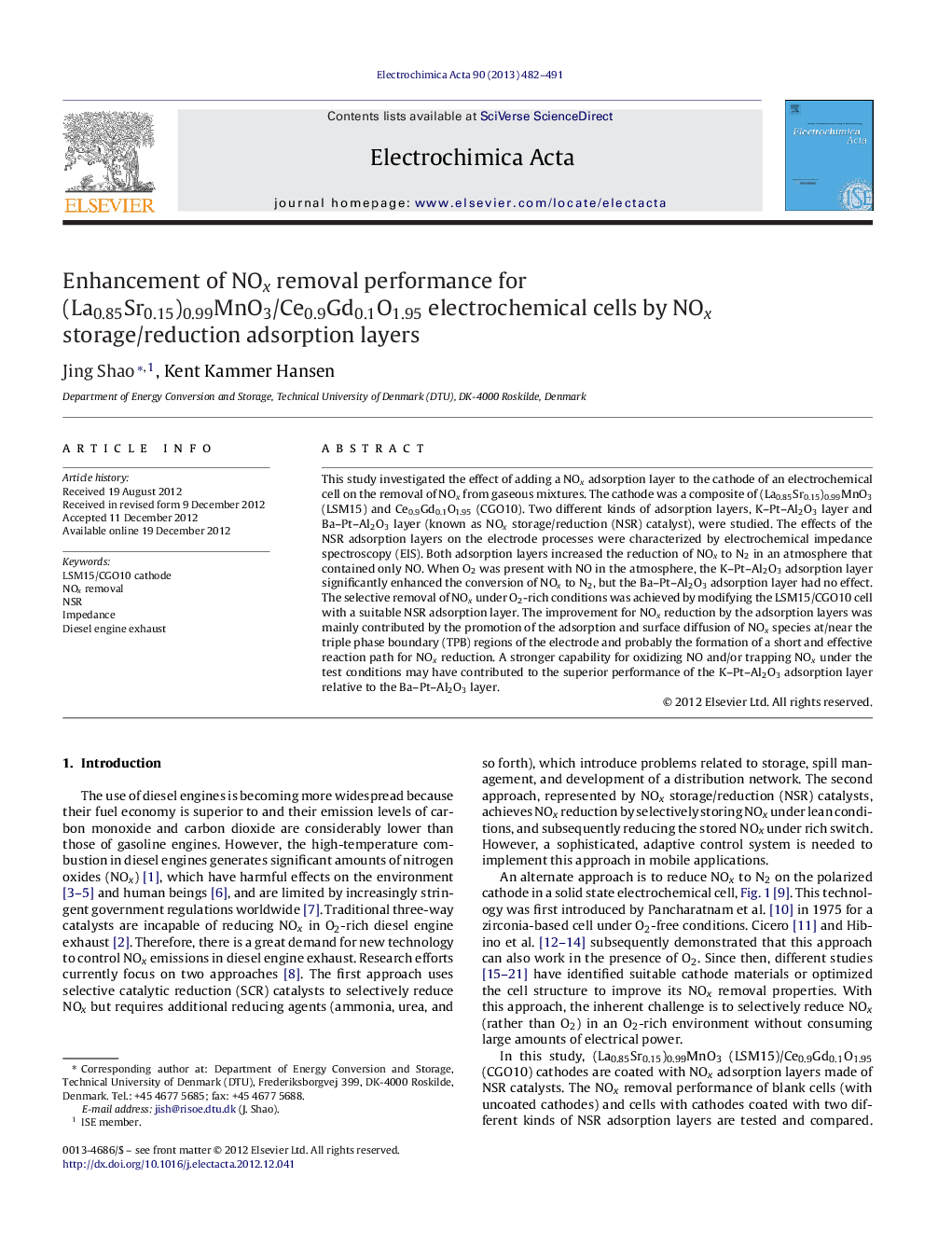 Enhancement of NOx removal performance for (La0.85Sr0.15)0.99MnO3/Ce0.9Gd0.1O1.95 electrochemical cells by NOx storage/reduction adsorption layers