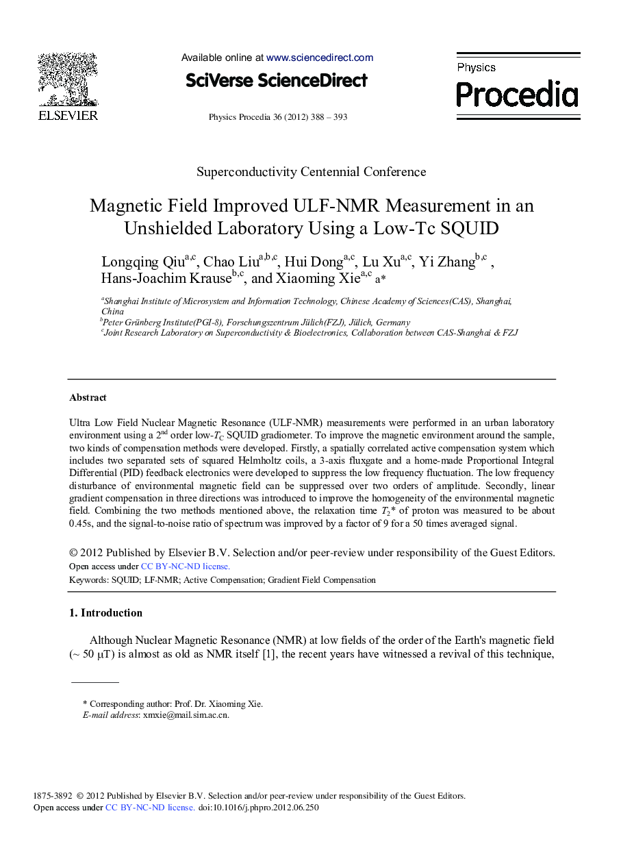 Magnetic Field Improved ULF-NMR Measurement in an Unshielded Laboratory Using a Low-Tc SQUID