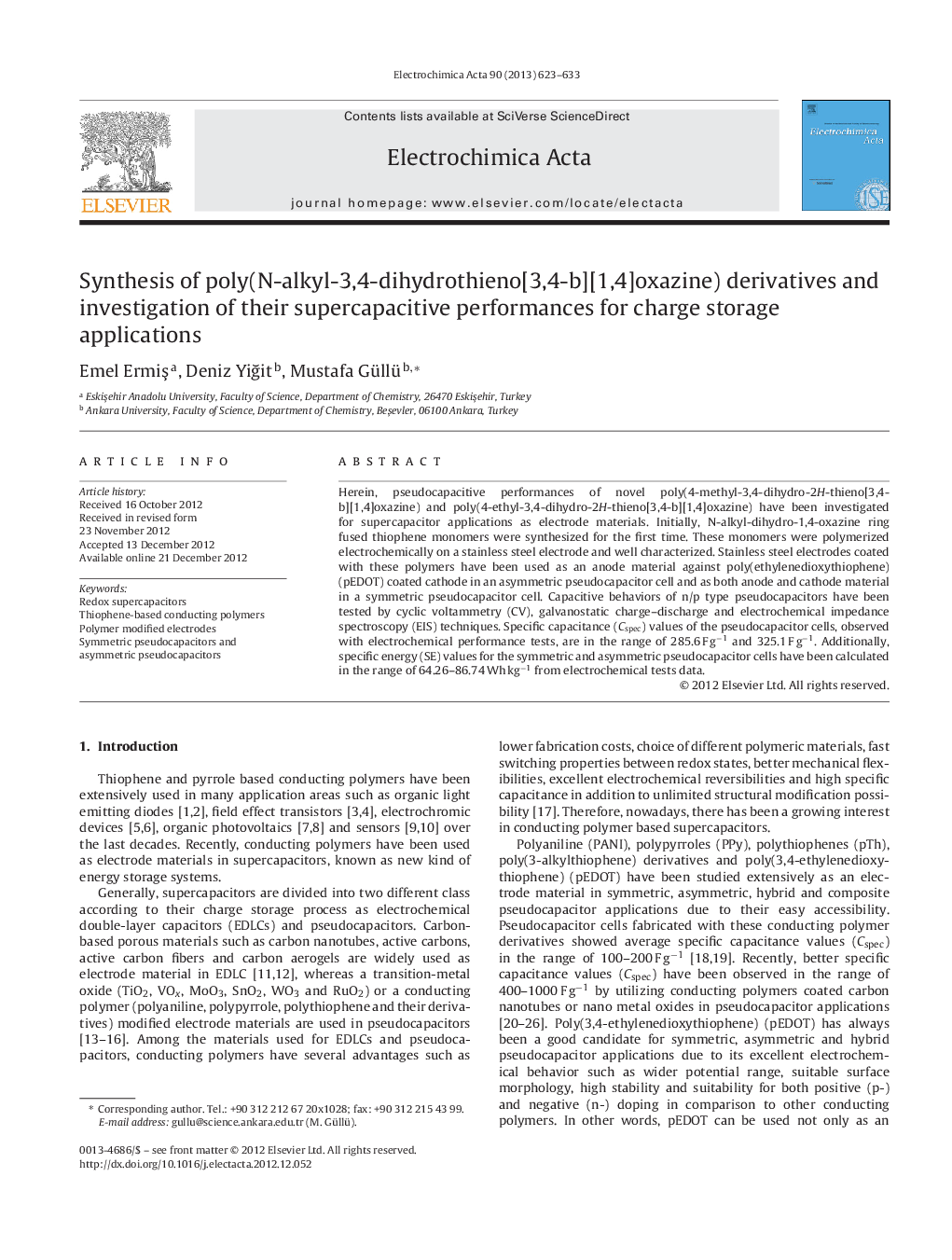 Synthesis of poly(N-alkyl-3,4-dihydrothieno[3,4-b][1,4]oxazine) derivatives and investigation of their supercapacitive performances for charge storage applications