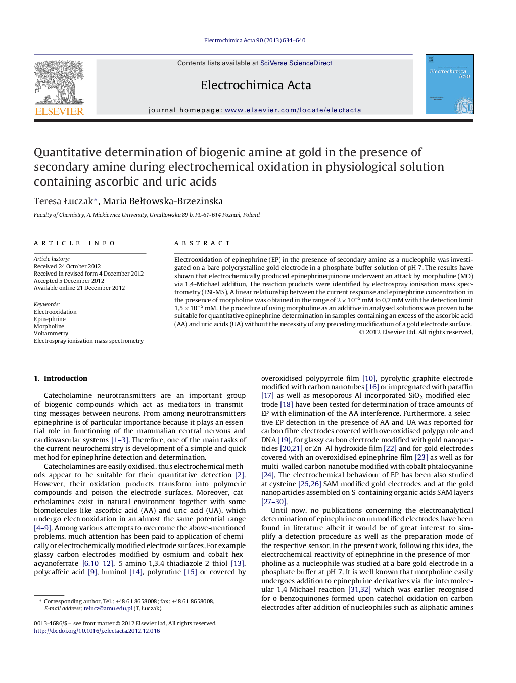 Quantitative determination of biogenic amine at gold in the presence of secondary amine during electrochemical oxidation in physiological solution containing ascorbic and uric acids