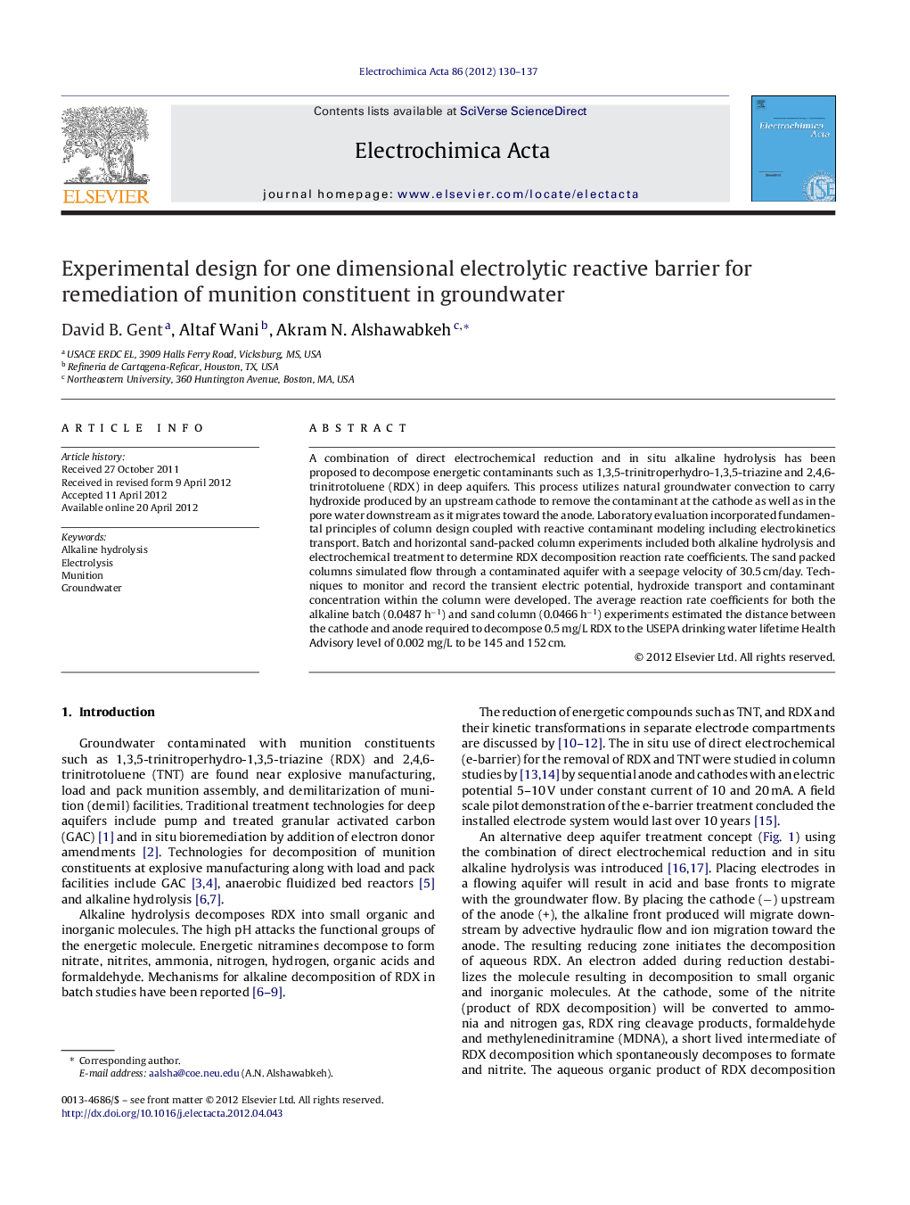 Experimental design for one dimensional electrolytic reactive barrier for remediation of munition constituent in groundwater