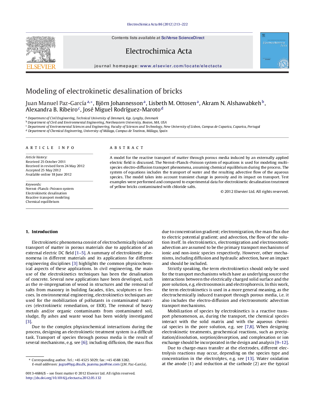 عکس صفحه اول مقاله: Modeling of electrokinetic desalination of bricks Modeling of electrokinetic desalination of bricks