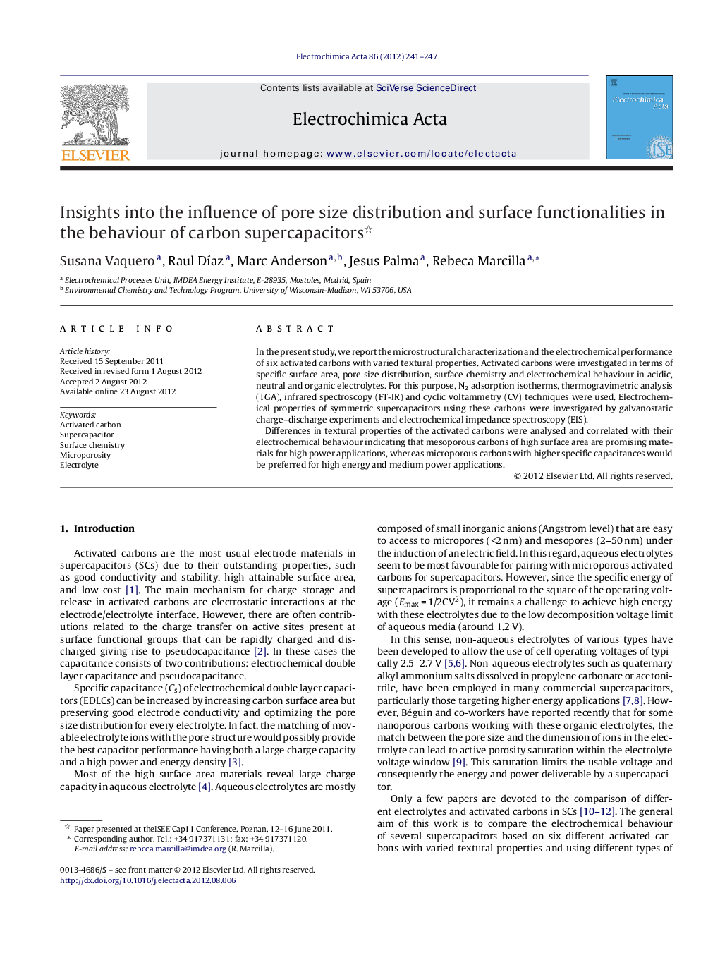 عکس صفحه اول مقاله: Insights into the influence of pore size distribution and surface functionalities in the behaviour of carbon supercapacitors Insights into the influence of pore size distribution and surface functionalities in the behaviour of carbon supercapacitors