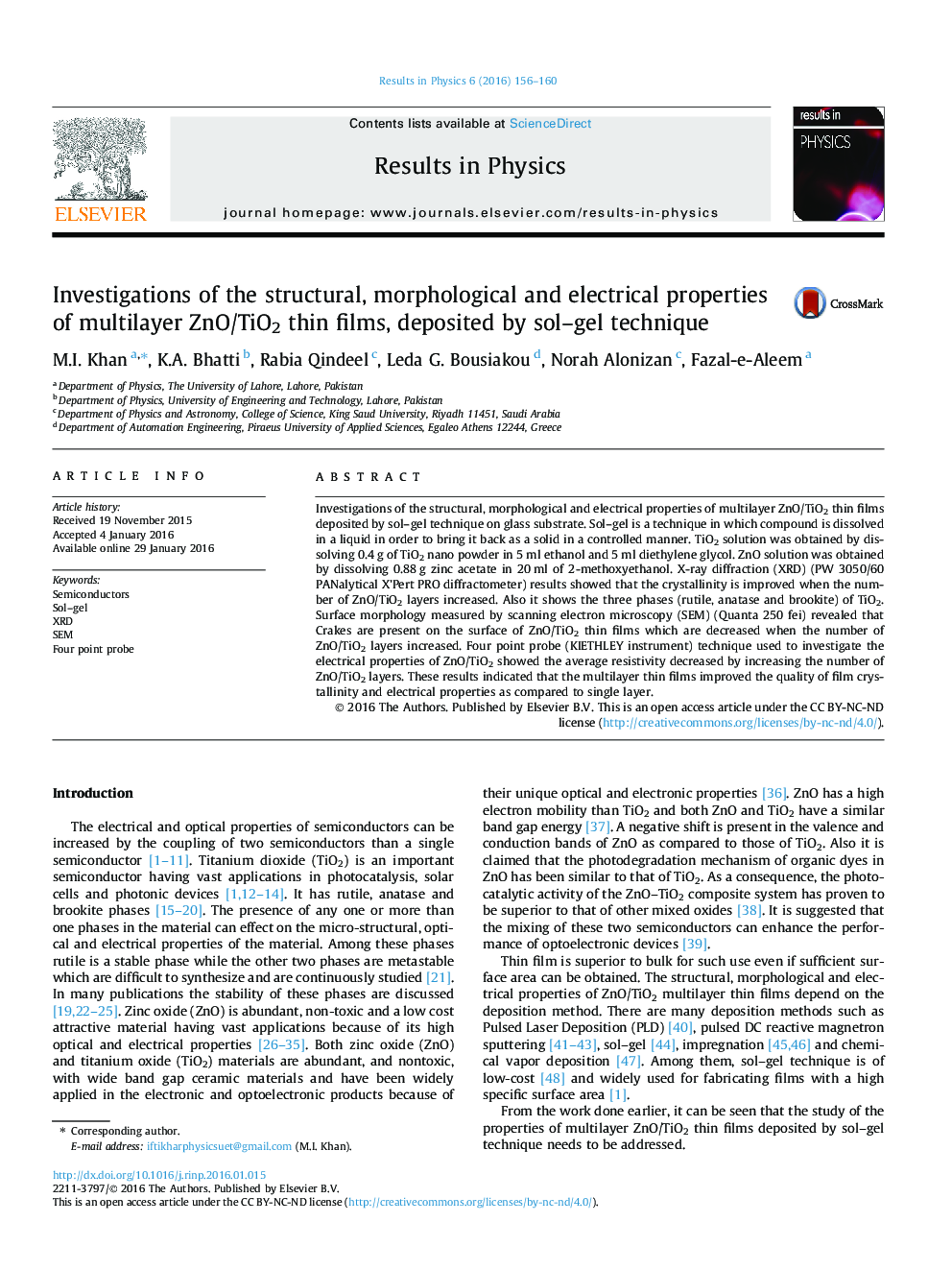 Investigations of the structural, morphological and electrical properties of multilayer ZnO/TiO2 thin films, deposited by sol–gel technique