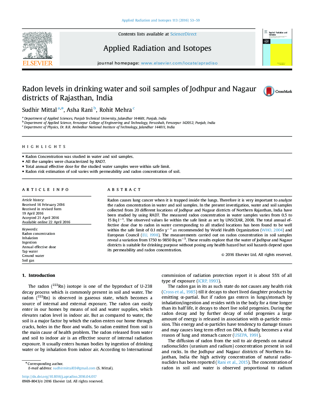 Radon levels in drinking water and soil samples of Jodhpur and Nagaur districts of Rajasthan, India