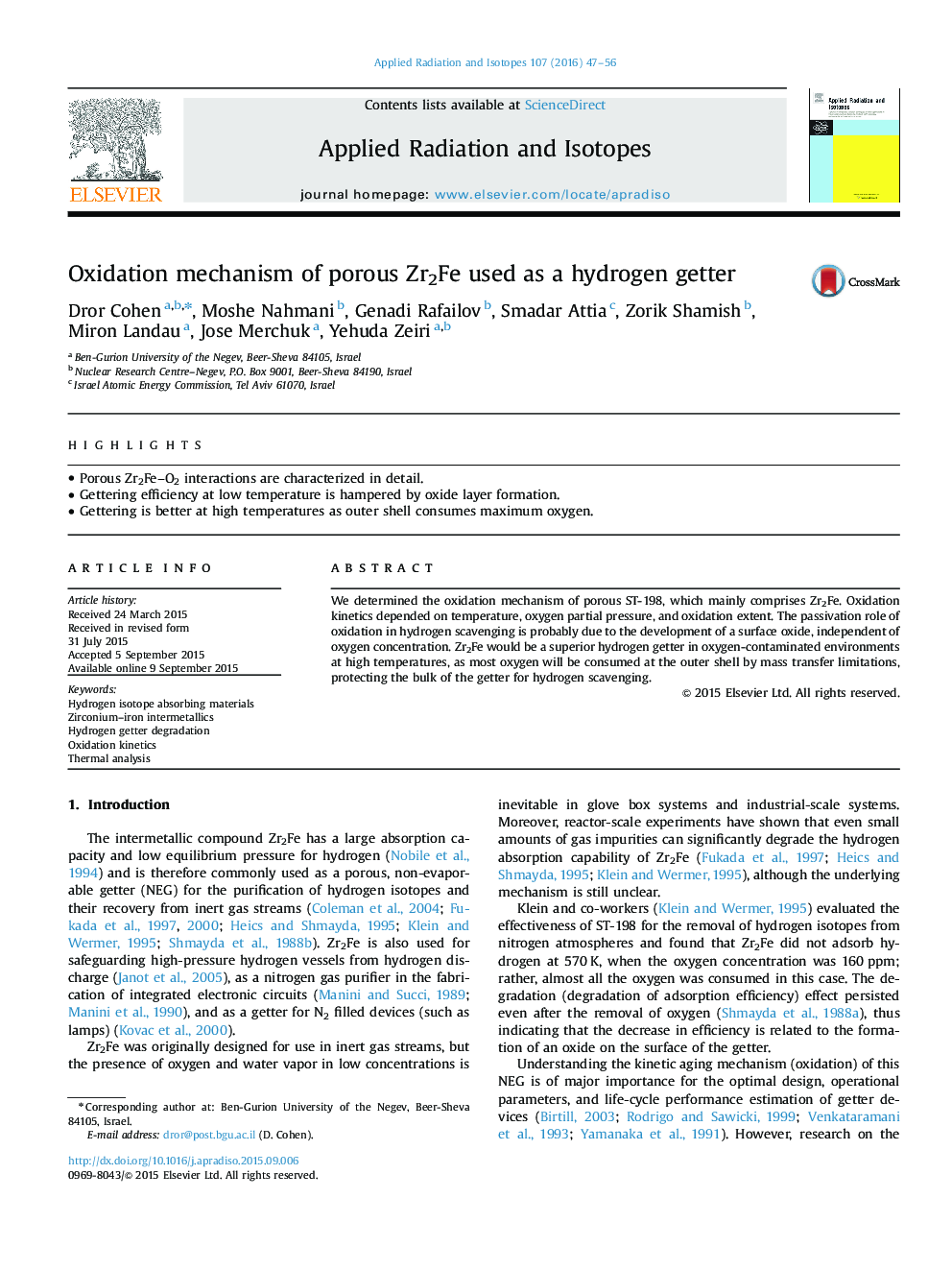 Oxidation mechanism of porous Zr2Fe used as a hydrogen getter