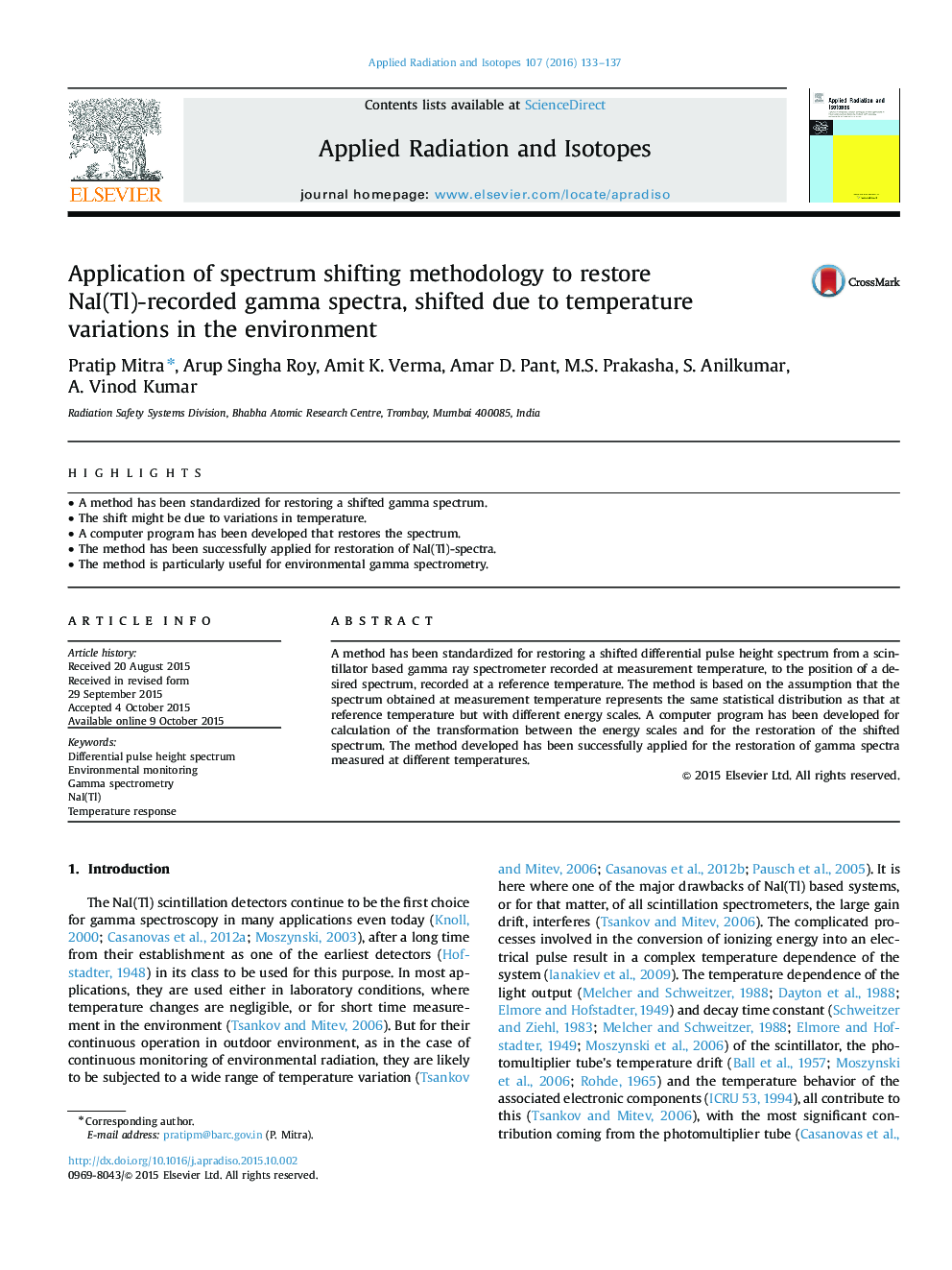 Application of spectrum shifting methodology to restore NaI(Tl)-recorded gamma spectra, shifted due to temperature variations in the environment