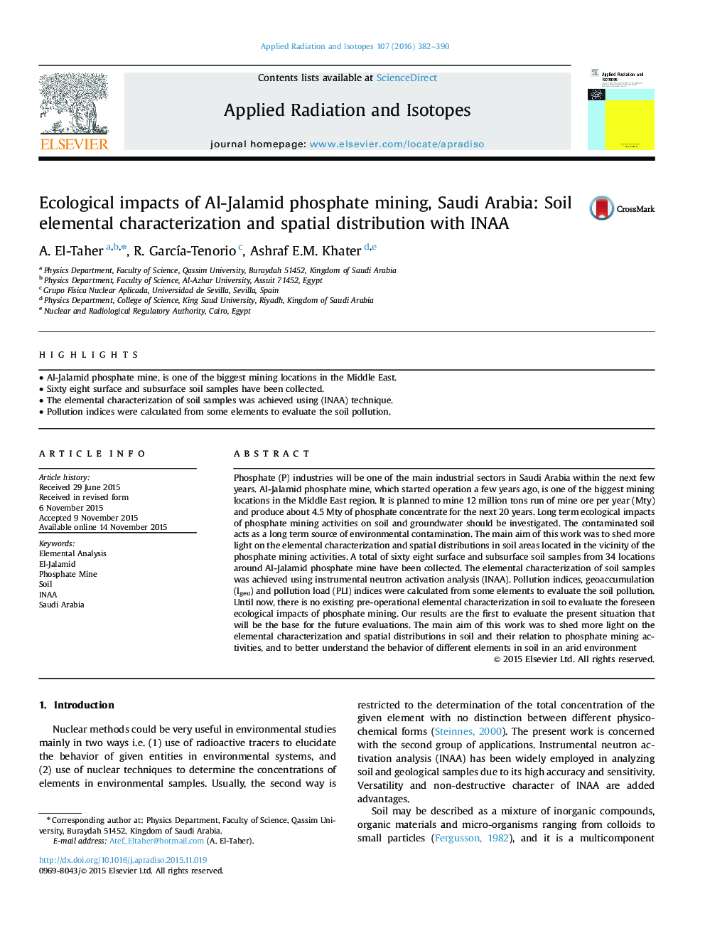 Ecological impacts of Al-Jalamid phosphate mining, Saudi Arabia: Soil elemental characterization and spatial distribution with INAA